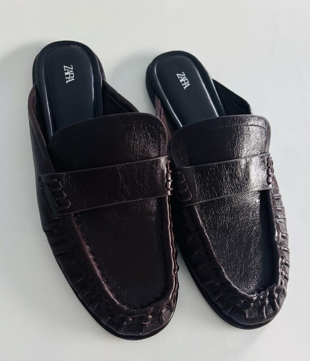 Zara Leather Mule Loafers Womens Size US 6.5-7 Dark Reddish Brown Slip On Shoes